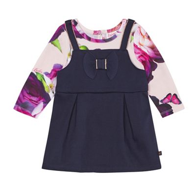 Baby girls' navy bow applique pinafore and rose print top set
